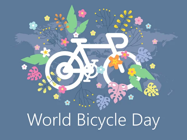 Weltfahrradtag Fahrrad Ikone Und Blumen Blätter Vektorillustration Fahrradsilhouette Und Weltkarte — Stockvektor