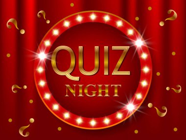 Gece duyuru poster tasarım web banner arka plan vektör çizim quiz. Pub quiz bir pub ya da bar, gece kulübü düzenledi. Modern pub takım oyunu. Retro ışık afiş parlayan sorular oyunu