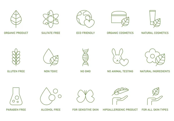 Set Eco Friendly Signs Icons Collection Green Line Art Symbols — Διανυσματικό Αρχείο