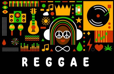 Rastafarian geçmişi. Reggae partisi, festival, radyo istasyonu ya da rastafarian bar için reggae müzik tasarımı. Jamaika tarzı müzik festivali. Reggae olayı için basit düz tasarım