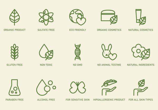 Set of eco friendly signs, icons. Collection of green line art symbols