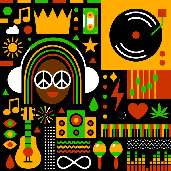 Rastafarian background. Reggae music design for reggae party, festival, radio station or rastafarian bar. Jamaican style music festival. Simple flat design for reggae event