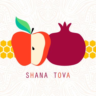 Rosh Hashanah sembollü tebrik kartı (nar ve elma, bal). Yahudi yeni yıl kutlaması tasarımı. Mutlu Shana Tova 'lar. İsrail 'de Mutlu Yıllar