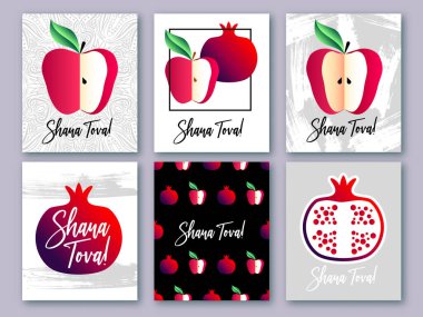 Rosh Hashanah sembollü tebrik kartları seti (nar, elma, bal). Yahudi yeni yıl kutlaması tasarımı. Mutlu Shana Tova 'lar. İsrail 'de mutlu yıllar. Arkaplan. Rosh Hashanah koleksiyonu