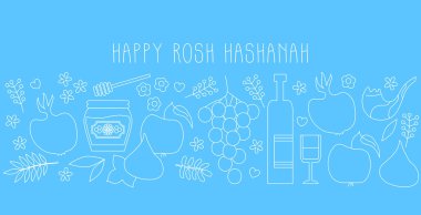 Rosh Hashanah. Vector illustration. Jewish new year greeting card banner with traditional icons. Happy New Year, Shana Tova. Apple, honey, flowers and leaves, Jewish New Year symbols and icons