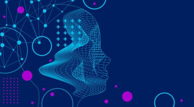 Artificial Intelligence concept. Creative brain concept background. Vector science illustration. Technology background. Big data concept. Machine cyber mind. Human face with binary data flow
