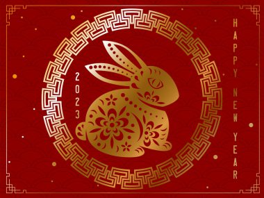 Happy New year 2023. Chinese New year rabbit symbol. Chinese background. Holiday Chinese banner with horoscope sign of 2023. Red design