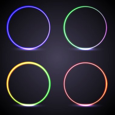 Round circle picture frame with different tone neon color shade motion graphic on isolated dark background. Light moving for overlay element. 3D illustration rendering. Empty space in middle