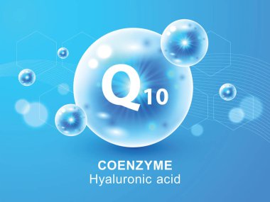 Koenzim Q10. Hyaluronik asit. Enzim düşürücü hap kapsülü. Vitamin kompleksi. Heath için ilaçlar, güzellik reklamları