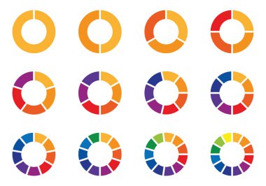 Pasta grafikleri. Farklı renkte çemberler izole edilmiş. Bilgi elementinin yuvarlak şekli. Çember çizelge bölümü segmentleri vektör diyagramı segmentleri pasta şablonunu ayarlar. Çember bölümleri ayarlandı. Çeşitli sektörler çemberi eşit parçalara böler. Pi