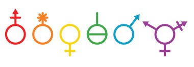 Farklı cinsiyetler izole, LGBTQ gökkuşağı seti. Transseksüel, ikili olmayan kişi, ajanda, çift cinsiyetli, cinsiyet ayrımı. Homoseksüellik kavramı, lezbiyenlik, aseksüellik, biseksüellik vektör illüstrasyonu