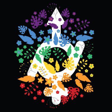 LGBTQ + sembolü cinsiyet sıvısı, çiçek ve yapraklı gökkuşağı çiçek tasarımı