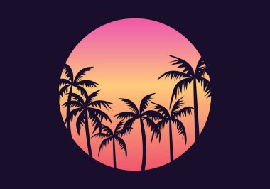 Günbatımında 80 'lerin stiliyle geçmişe dönük palmiye ağaçları. Yaz zamanı, güneşin arka planında palmiye ağaçları, retro tarzı. Reklam broşürleri ve afişler için tasarım. Retro 90 'lar, parlak arkaplan