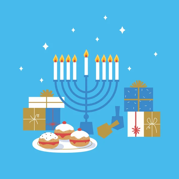 Hanukkah Fondo Azul Con Dreidels Madera Donuts Cajas Regalo Menorah — Vector de stock