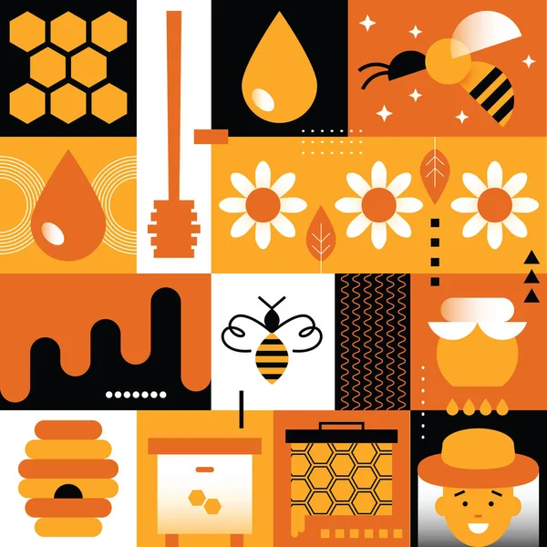 Γλυκό Μέλι Χτένες Μέλι Κυψέλη Μέλισσα Ξύλινο Ραβδί Ρίχνει Και — Διανυσματικό Αρχείο