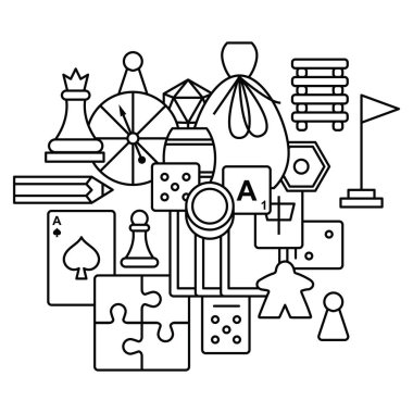 Klasik masa oyunları vektör çizimi. Satranç, dama, mahjong ve diğer oyunlar. Oyun odası. Oyun zarları, bulmacalar, biblolar