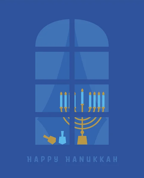 Felice Hanukkah Celebrazione Con Menorah Hanukkah Minorca Finestra Illustrazione Vettoriale — Vettoriale Stock