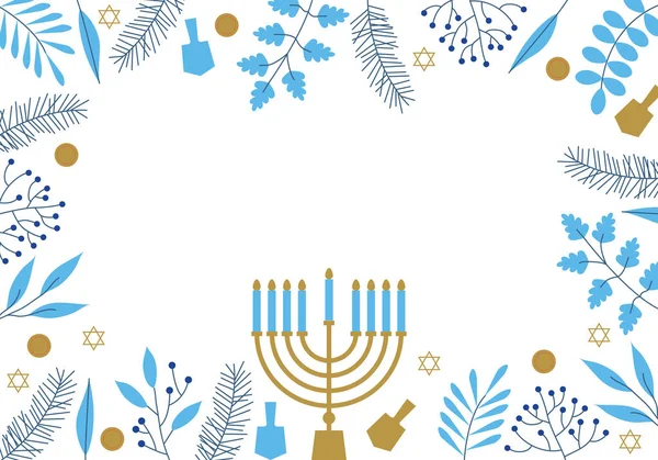 Feliz Hanukkah Celebração Com Menorah Dreidels Flores Projeto Azul Branco —  Vetores de Stock