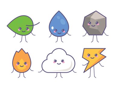 Elementler Şirin Doodle Set. Gaz, su damlası, elektrik, bitki sembolü, taş, bulut. Doğa soyut tasarım kavramı