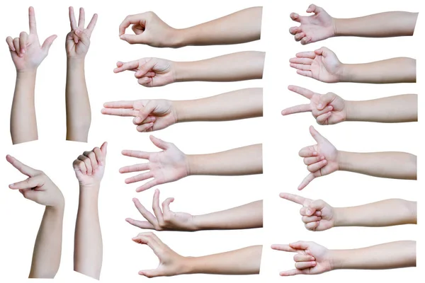 许多高加索女人的手势被隔离在由多个图像组成的白色背景中 — 图库照片