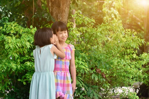 Дві Маленькі Сестрички Шепочуться Вусі Парку Відкритому Повітрі Дружба Щастя — стокове фото