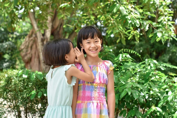 Two Little Sister Girls Whisper Ear Park Outdoors Friendship Happiness — Stock Photo, Image