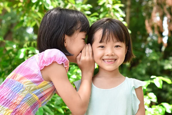 자매가 가까이 밖에서 소곤거리며 소리를 지릅니다 그리고 사람들의 스톡 사진