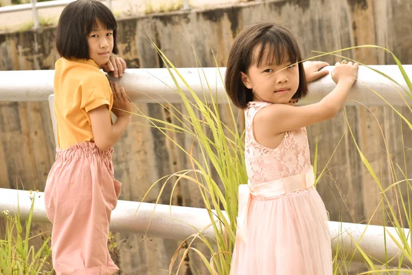 Двоє Жовтошкірих Азіатських Дівчат Відпочивають Парку Яскравими Обличчями — стокове фото