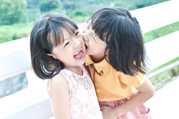 Two Yellow Skinned Asian Girls Having Fun Park Smiling Faces — Stock Photo, Image