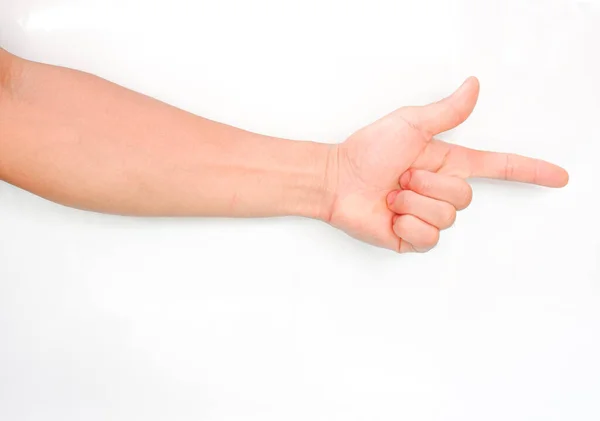 Zbliżenie Człowieka Wskazując Rękę Białym Tle — Zdjęcie stockowe