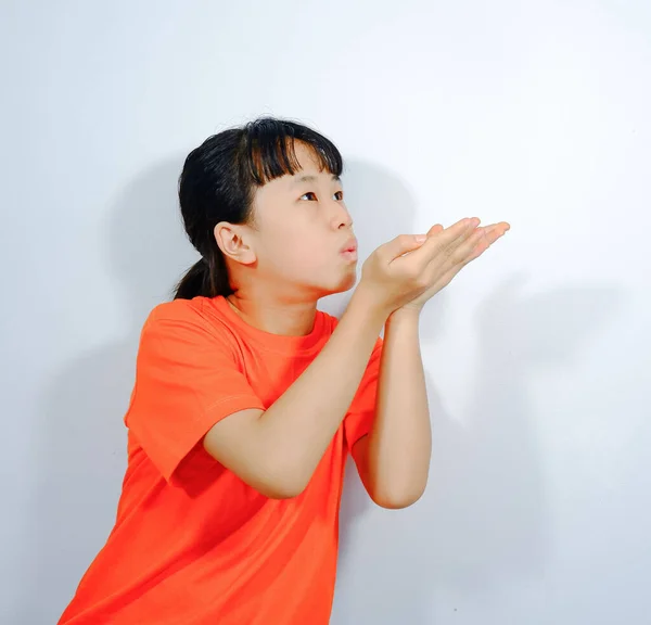 Asian Woman Raising Her Hand Show Her Unique Identity Orange — Stock Photo, Image