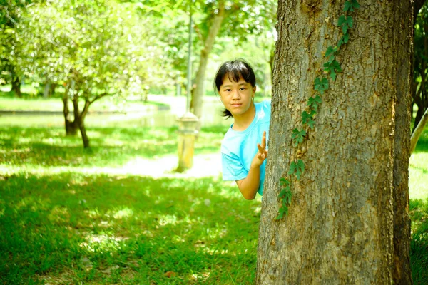 公園の木の下を覗くアジアの少女 — ストック写真