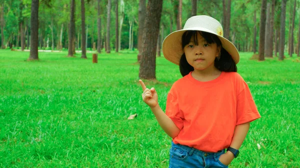 カジュアルな女の子の写真 美しい草の笑顔 かわいい 休日と公園で幸せ — ストック写真