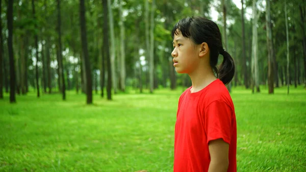 照片上是一个亚洲女孩黎明时分在橘子园度假 — 图库照片