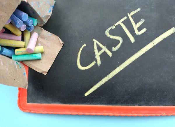 Colorful Chalk Box Slate Table Caste Written — Stock Photo, Image