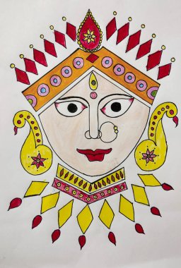Kolkata, Hindistan, tarihi 24.09.2021. Basit Renkli Resim ya da Tanrıça Maya Durga 'nın Çocuk ya da Çocuk Yüzü.