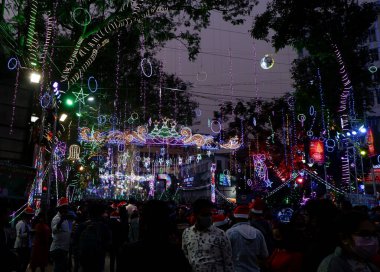 park street, kolkata, India dated 25.12.2021. Christmas evening with lights all over the park street area full of crowd.