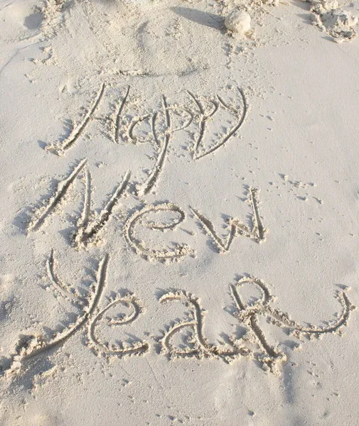 Inscription Happy New Year Written White Sand Beach Celebrating New — Stock Photo, Image