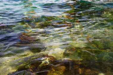 Waves, sea, clear water. Stones under water. Spain.