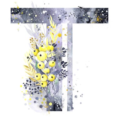 Suluboya Harf T Gölgeleri ve güneş ışığı. Yılın Renkleri 2021 Ultimate Gray ve Aydınlatıcı Sarı. Sarı elmalar, gri lekeler ve altın / beyaz / sarı lekeler. Monogram T.