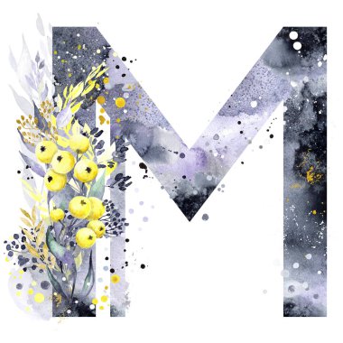 Suluboya Harf M Gölgeler ve Günışığı. Yılın Renkleri 2021 Ultimate Gray ve Aydınlatıcı Sarı. Sarı elmalar, gri lekeler ve altın / beyaz / sarı lekeler. Monogram M.