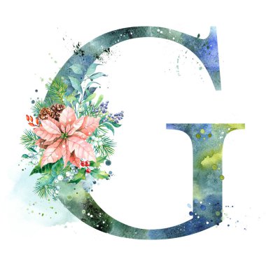 Suluboya Harf, Monogram G. Suluboya Tasarım. Poinsettia ile suluboya mektup.