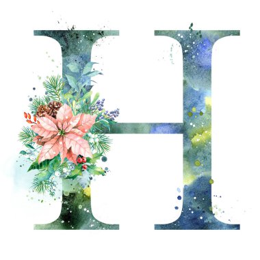 Suluboya Harf, Monogram H. Suluboya Tasarım. Poinsettia ile suluboya mektup.