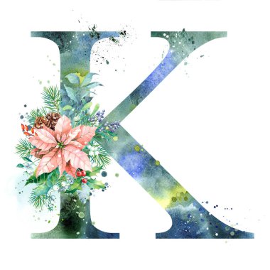 Suluboya Harf, Monogram K. Suluboya Tasarım. Poinsettia ile suluboya mektup.