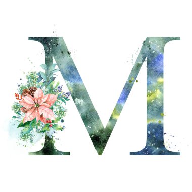 Suluboya Mektup, Monogram M. Suluboya Tasarım. Poinsettia ile suluboya mektup.