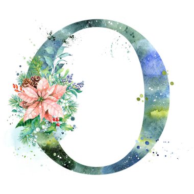 Suluboya Harf, Monogram O. Suluboya Tasarım. Poinsettia ile suluboya mektup.