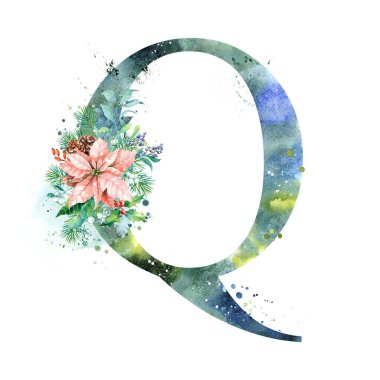 Suluboya Harf, Monogram Q. Suluboya Tasarımı. Poinsettia ile suluboya mektup.
