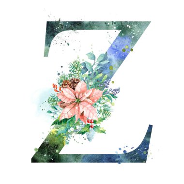 Suluboya Harf, Monogram Z. Suluboya Tasarımı. Poinsettia ile suluboya mektup.