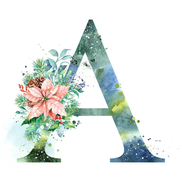 Aquarel Letter Monogram Aquarel Ontwerp Aquarelletter Met Poinsettia — Stockfoto