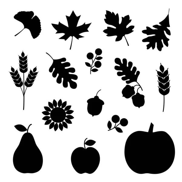 Autumn Fruit Leaves Black Vector Silhouettes — Stock Vector